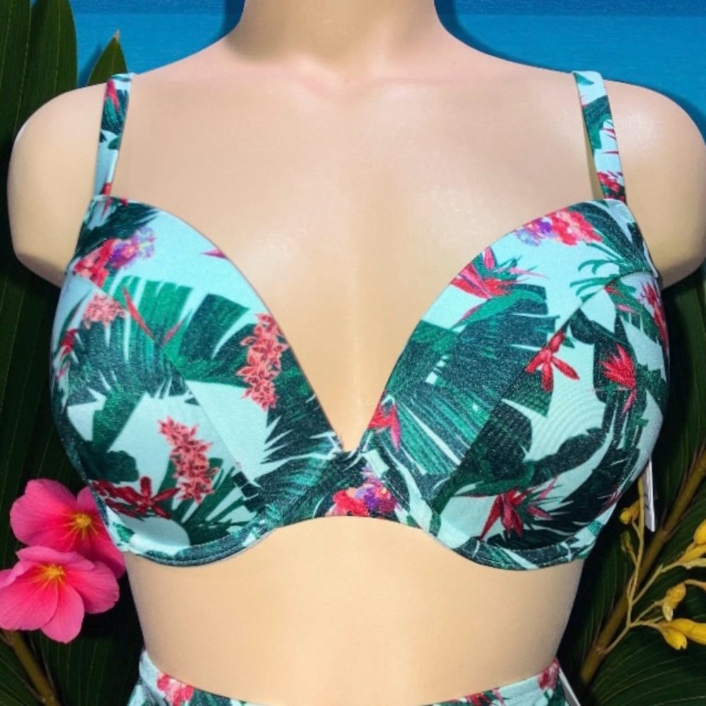 Victoria Secret Very Sexy Swim Padded Push Up Bikini Top  Green Tropical 36D NWT